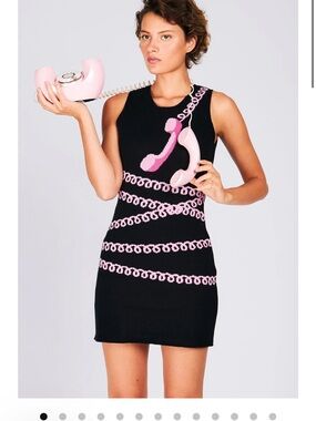 Rachel Antonoff Black Mini Dress with Pink Telephone & Chain Motif